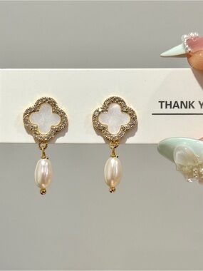 Gold & White Pearl Clover Earrings - Women Jewelry